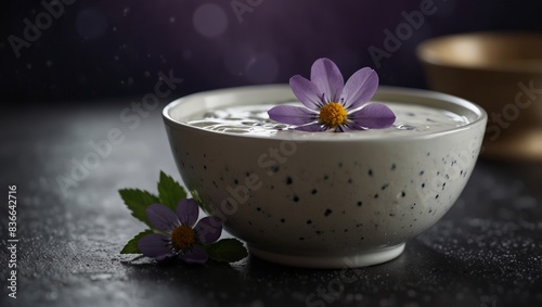 A photo of a close-up bowl of yogurt adorned with a purple flower.