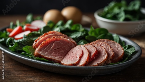 A platter of thinly sliced meat arranged on a counter alongside fresh spinach leaves and radishes. photo