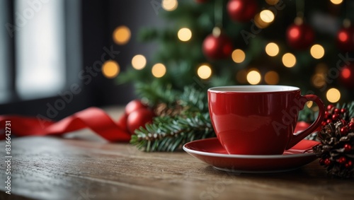 A red cup of tea on a white wooden table, surrounded by Christmas decorations and a red ribbon.