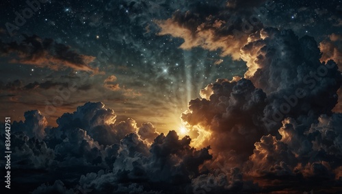 A sky filled with numerous clouds and a central star shining brightly amidst them.