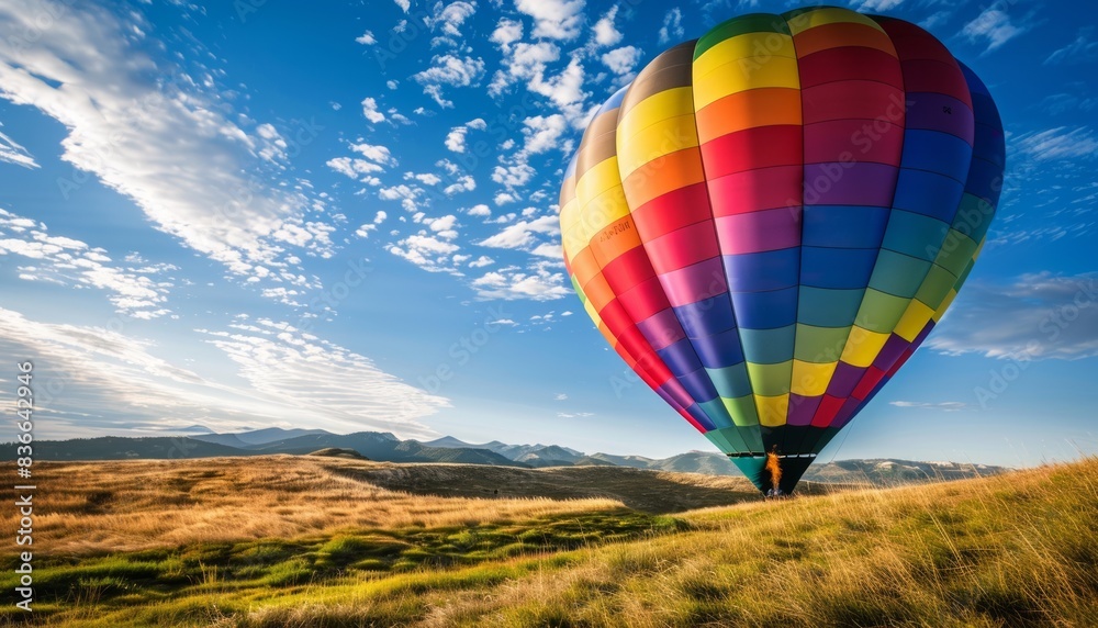 Fototapeta premium Up, Up, and Away: The Vibrant Inflation of a Hot Air Balloon