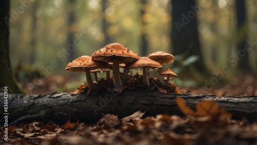 Mushrooms on fallen tree  forest floor covered with leaves.