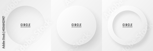 3D white circles frames background set. Geometric shapes on bright space. Soft colors decoration. Modern graphic design element with cutout style concept for web, poster, flyer, card or brochure cover