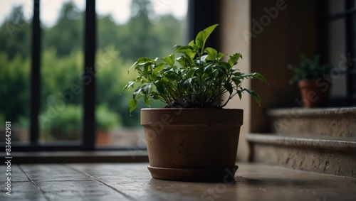 A potted plant sits next to a window in a room with a stone floor and green plants growing on the sill.