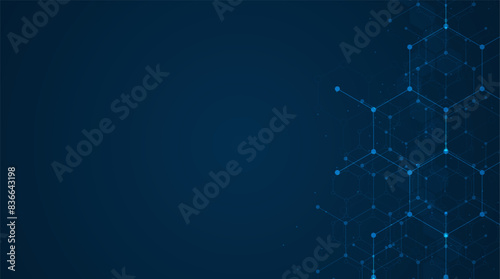 Hexagons pattern on blue background. Genetic research, molecular structure. Chemical engineering. Concept of innovation technology. Used for design healthcare, science and medicine background