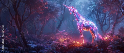 A glowing giraffe stands in a magical, ethereal forest.