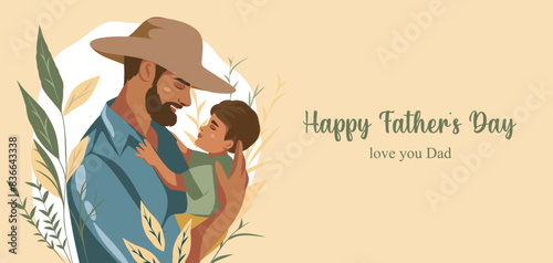  Vector holiday horizontal banner cute illustration of a happy father holding his little son in his arms, surrounded by plants. Templates for Father's Day, Dad I love you, for poster, cover, postcard