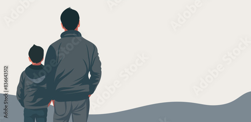  Vector horizontal banner with space for text, stylish strict illustration of father and son. Father's Day I Love You Dad Templates for Posters, Covers, Cards and Social Media