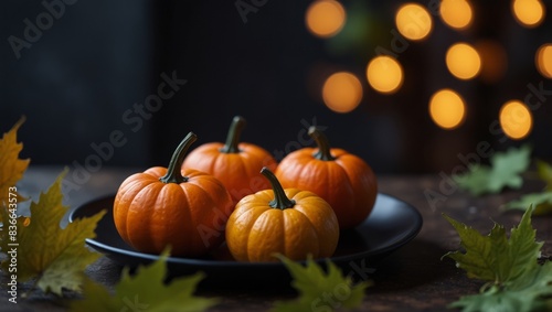 A black plate featuring an arrangement of miniature pumpkins adjacent to a cluster of leaves and a vibrant maple leaf.