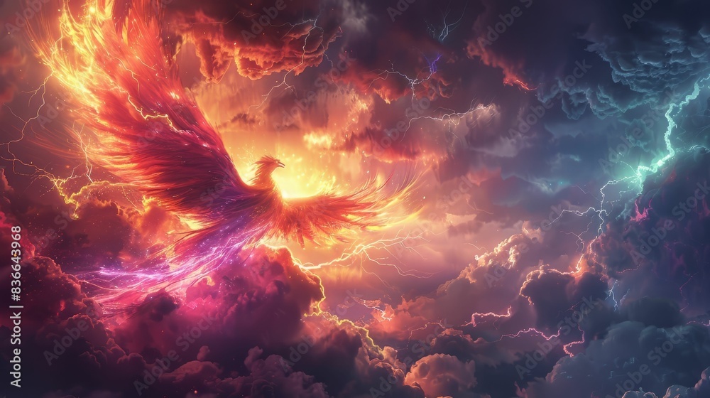 A fiery phoenix emerges from a stormy sky, its wings outstretched, symbolizing rebirth and power. A fiery phoenix emerges from a stormy sky, its wings outstretched, symbolizing rebirth and power.