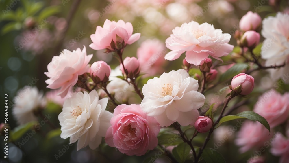 Pink and white blossoms resting atop a pastel background, surrounded by verdant foliage. Pink and white blossoms resting atop a pastel background, surrounded by verdant foliage.