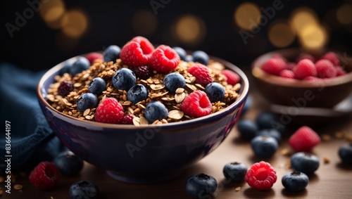 A bowl of granola with blueberries and raspberries. photo