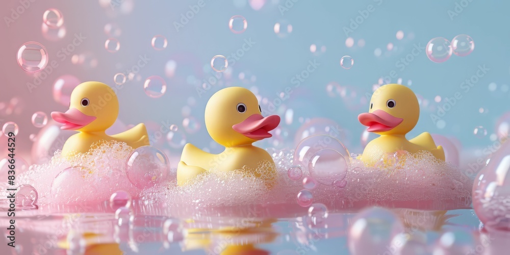 Three yellow rubber duckies in a bubble bath. Three yellow rubber duckies in a bubble bath.