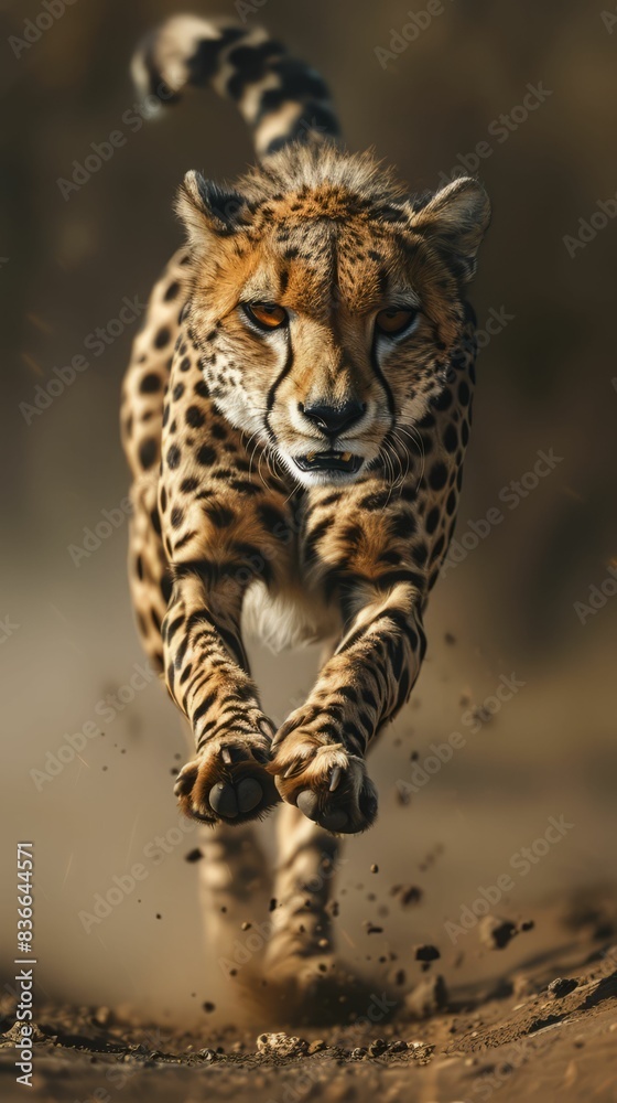 Fototapeta premium A cheetah runs through the dirt, its spots clearly visible. The cheetah's focus is on the prey ahead.