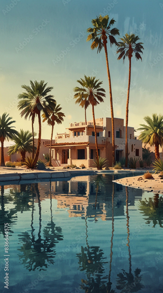 Fototapeta premium Watercolor painting: A mirage of an oasis in the scorching desert heat, with a shimmering pool of water and a few palm trees offering a momentary refuge,