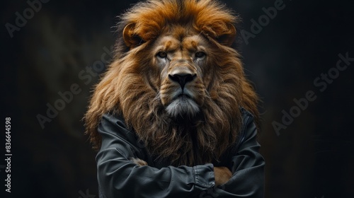 A majestic lion with a serious expression  wearing a grey shirt  stands against a dark background.