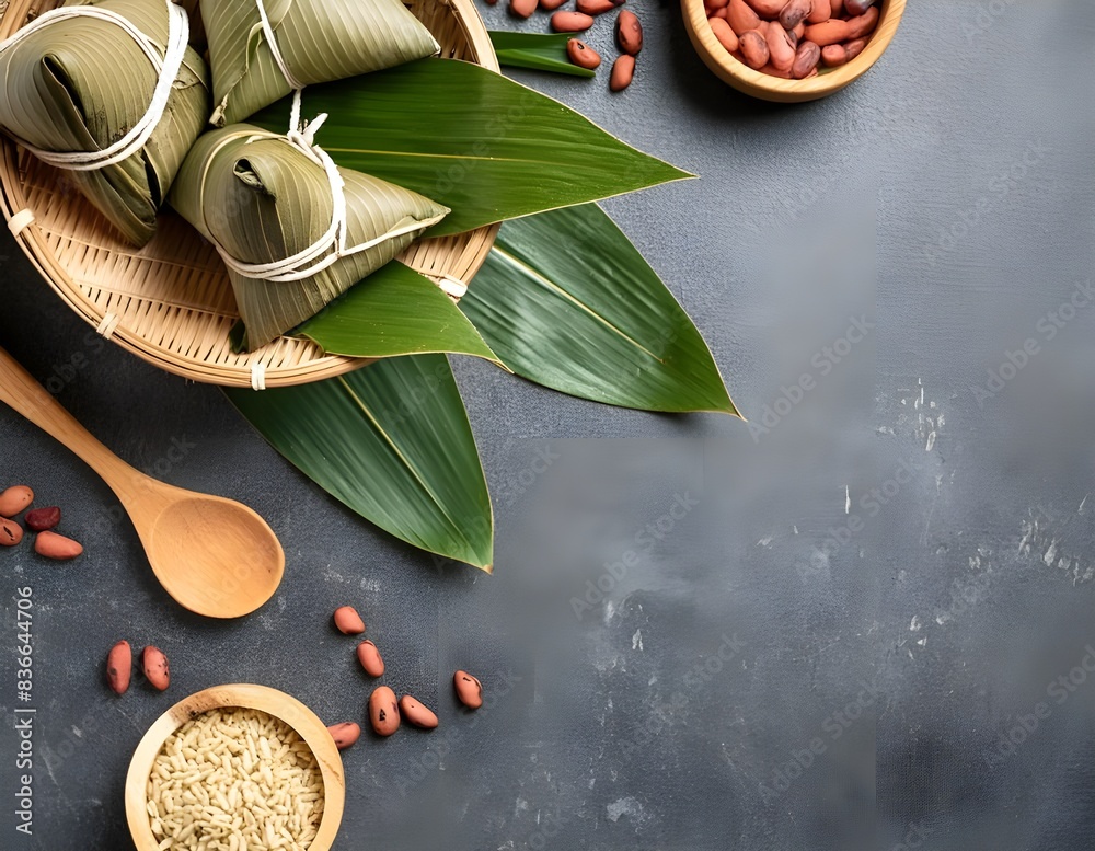 custom made wallpaper toronto digitalZongzi, rice dumpling for Dragon Boat Festival on dark gray table background with ingredient.