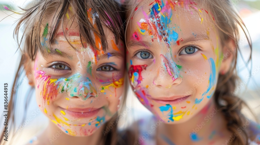 Two young girls covered in paint posing for a picture Two young girls covered in paint posing for a picture