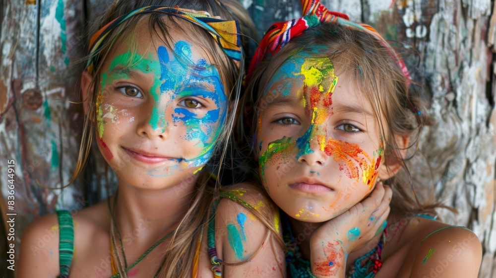 Two young girls covered in paint posing for a picture Two young girls covered in paint posing for a picture
