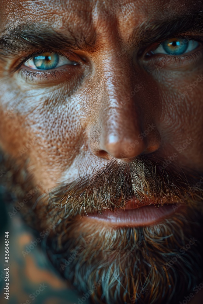 Close-up portrait of a serious and intense man with piercing blue eyes and a rugged appearance, showcasing detailed skin texture and a well-groomed beardMan Close-up portrait of a serious and intense man with piercing blue eyes and a rugged appearance, showcasing detailed skin texture and a well-groomed beardMan