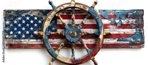 American Flag Ship Wheel on White Isolated Background