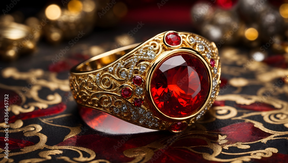 A stunning ring design adorned with a bright red gemstone A stunning ring design adorned with a bright red gemstone