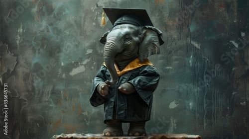 A proud elephant in a graduation cap and gown, standing against a textured background.