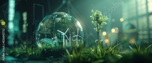 A digital art representation of the environment, featuring icons representing green energy and environmental protection.