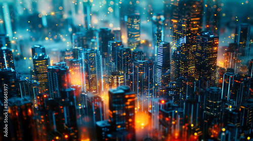 A high angle view of a blurry cityscape at night with bokeh lights