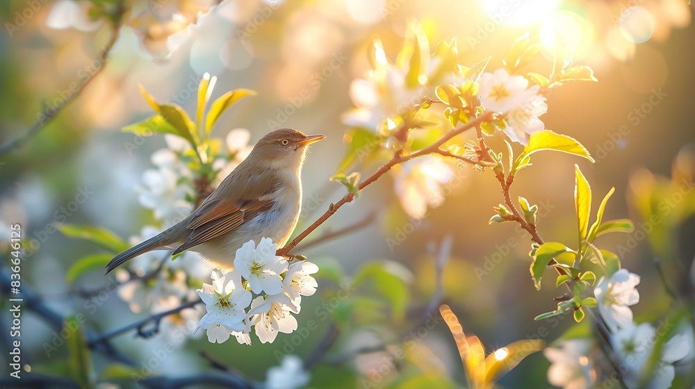 Singing birds on flower-laden branches, sunlight shining through, spring delight. Singing birds on flower-laden branches, sunlight shining through, spring delight.