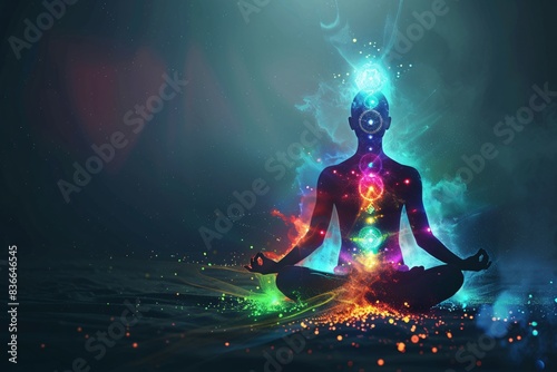 Meditation with glowing chakras and aura, symbolizing spiritual illumination