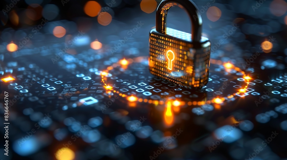 A glowing padlock icon surrounded by binary code, representing secure ...