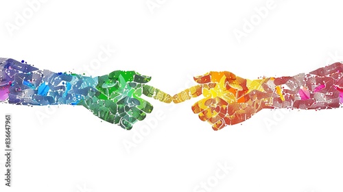 Border of pixel art linked hands in rainbow colors