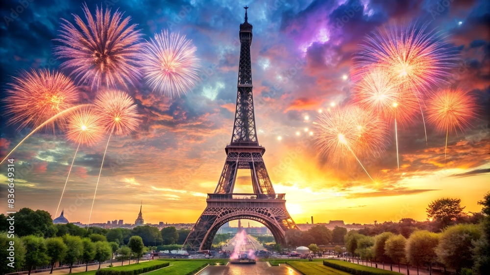 Iconic Eiffel Tower: Bastille Day Celebration in France. Perfect for: Bastille Day celebrations, French national holidays, Event promotions, travel advertisements, social media posts.