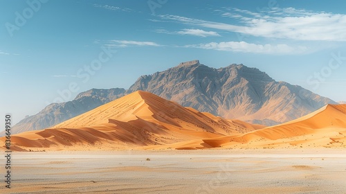 A vast desert landscape with towering sand dunes and a clear blue sky, emphasizing the stark beauty of arid environments. Minimal and Simple, photo