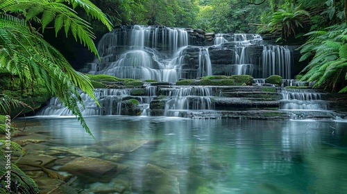 Fototapeta Naklejka Na Ścianę i Meble -  A serene waterfall cascading into a crystal-clear pool surrounded by lush greenery, creating a tranquil natural oasis. Minimal and Simple,