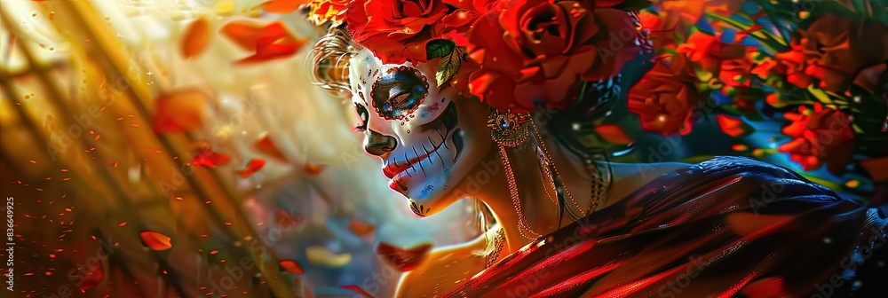 Fototapeta premium Calavera, floral, colorful, --ar 3:1 --sref 906 Job ID: 2c47256b-27be-4b3d-b744-bfa2ade8630e