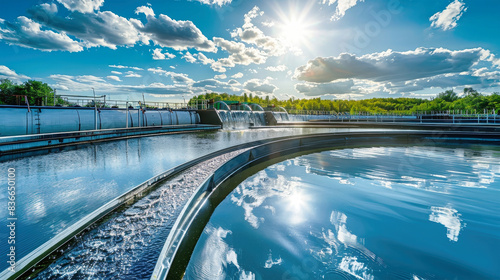 A water treatment plant under a captivating blue sky and fluffy clouds, diligently cleaning drains for a sustainable ecology photo