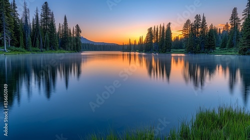 A tranquil lake surrounded by towering pine trees and mist rising from the water at dawn, capturing the peace of early morning. Minimal and Simple,