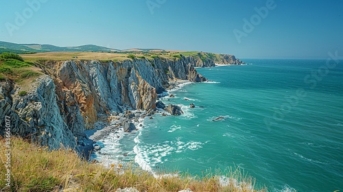 A rugged coastline with dramatic cliffs and crashing waves, highlighting the raw power and beauty of the ocean. Minimal and Simple,