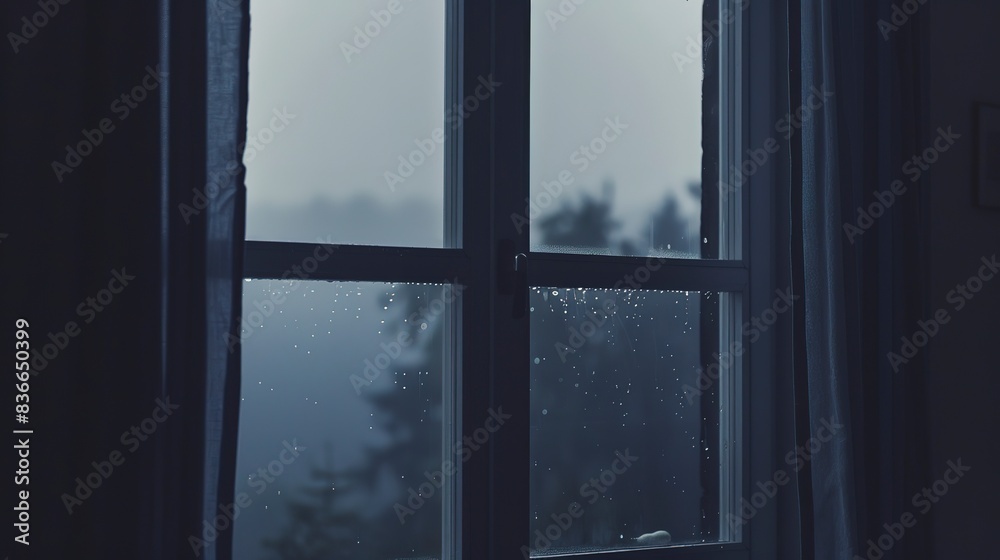 Patient's room window with a calming view, close-up, foggy with no humans, dim twilight Patient's room window with a calming view, close-up, foggy with no humans, dim twilight