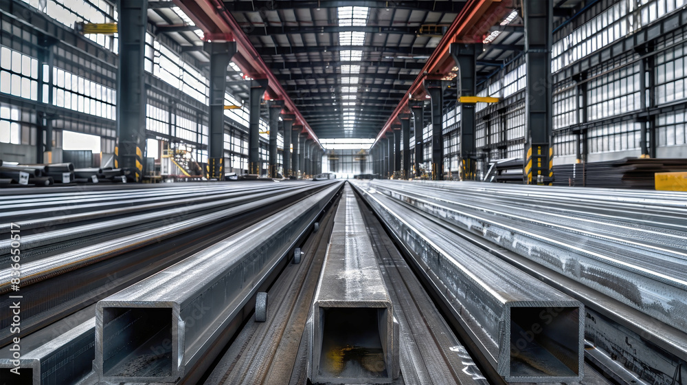 A vast warehouse filled with a multitude of stacked metal pipes, creating an industrial symphony of steel