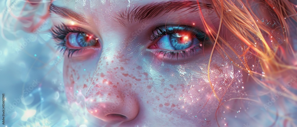 Closeup of a woman's blue eye with sparkling light. Closeup of a woman's blue eye with sparkling light.