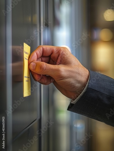 A close-up of a hand placing a sticky note with a handwritten message on a bulletin board in a minimalist office. The clean background focuses on the action, illustrating the use of sticky notes for