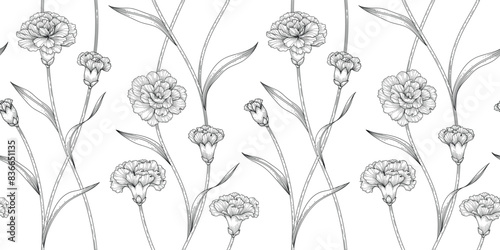 Carnation floral pattern black and white illustration