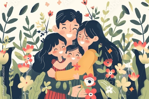 A family hugging each other with happy faces, a cartoon style vector illustration with flowers and plants in the background