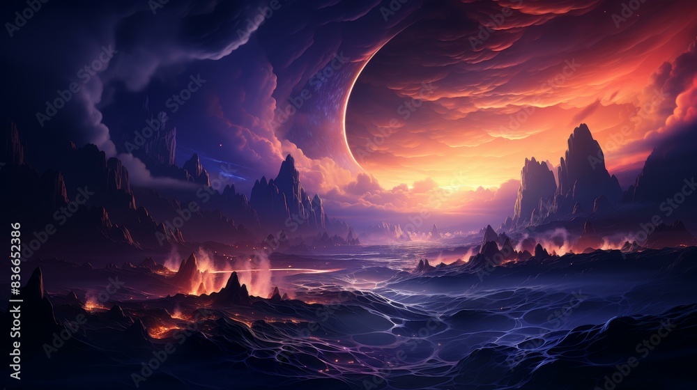 Fototapeta premium Vibrant space nebula illustration with bold lines and dynamic shapes, showcasing high detail and flat texture.