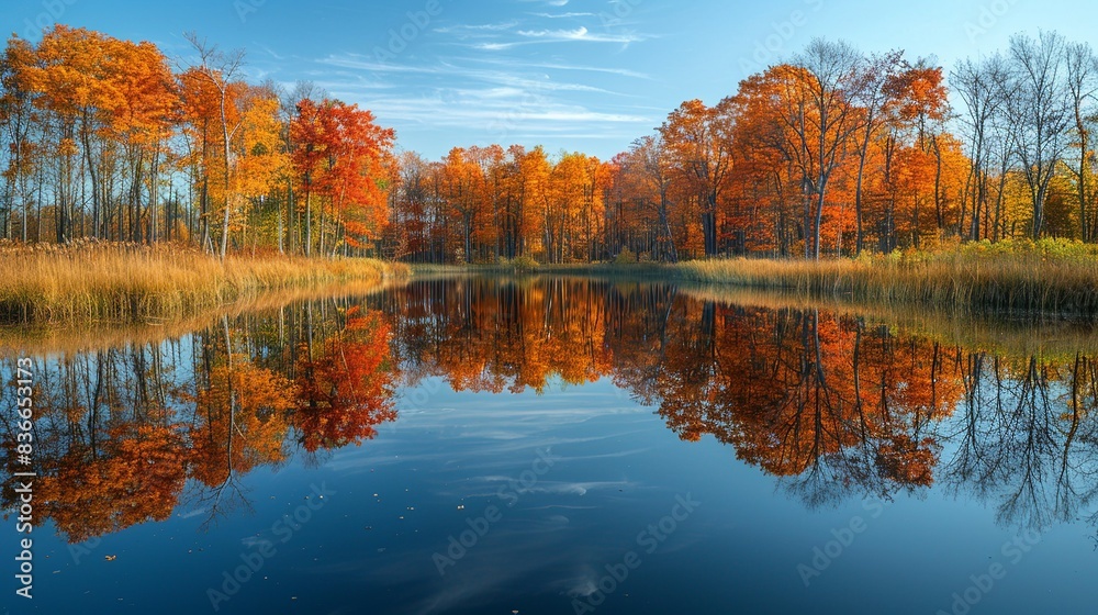 Obraz premium A tranquil lake with a reflection of autumn trees in full color, creating a mirror-like effect in the water. Minimal and Simple,