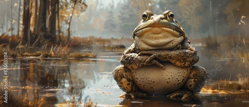 Large toad sitting by a pond in a forest. photo