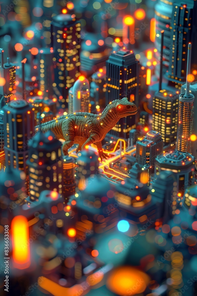 Octanerendered scene of a pack of Allosaurus hunting through a neonlit city at night, causing a luminous spectacle Octanerendered scene of a pack of Allosaurus hunting through a neonlit city at night, causing a luminous spectacle